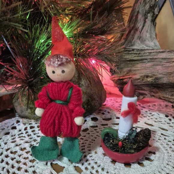 🎄 Vintage Hand Made Christmas Ornaments - Wool Elf & Wooden Candle Holder - Picture 1 of 11